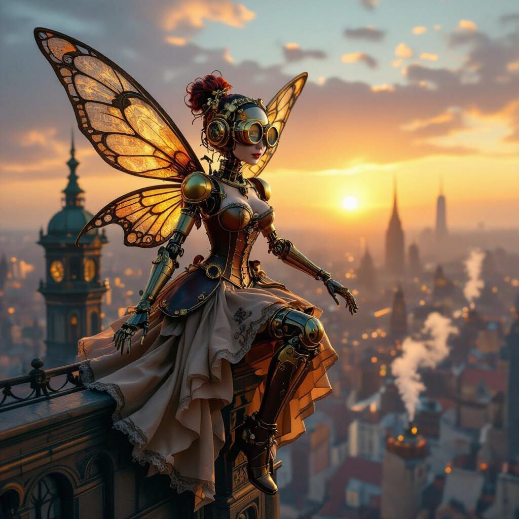 Steampunk Fairy Automaton Overlooking Victorian Cityscape