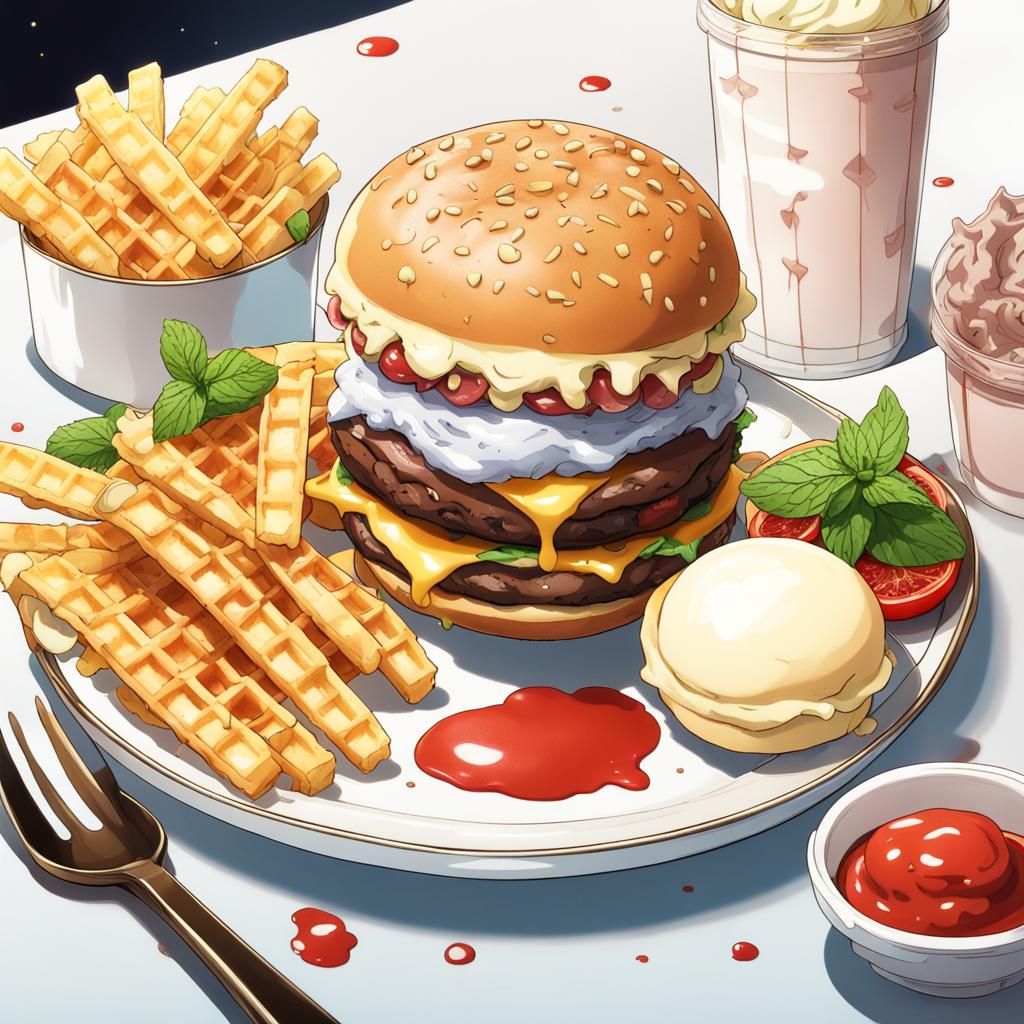 Burger, Fries, and Ice Cream in Anime Style