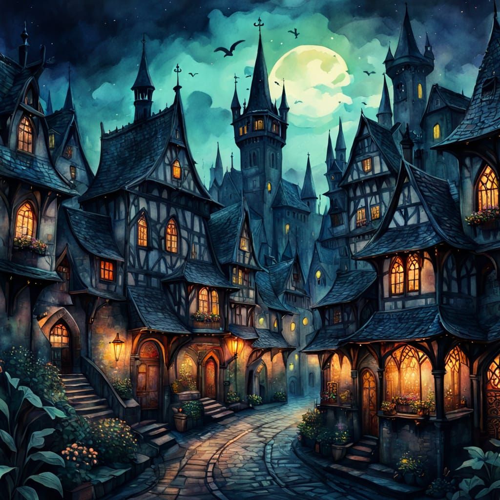 Medieval City at Dusk in Dark Folk Art