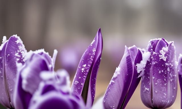 Purple Tulip Bud Emerging from Snow, Soft Focus