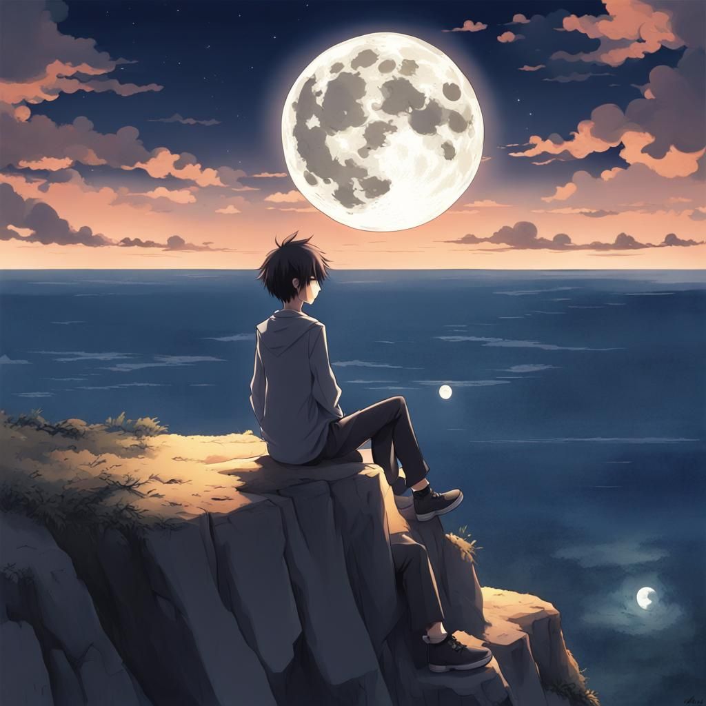 Anime Style: Figure Gazing at Full Moon