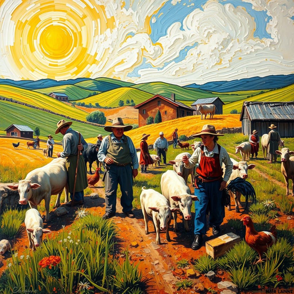 Farmers Tending Land in Vibrant Impasto Landscape