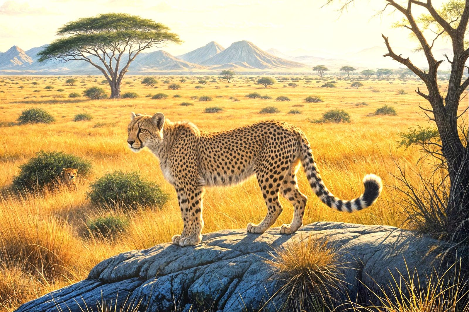 Majestic Cheetah in Savanna, Photorealistic Painting