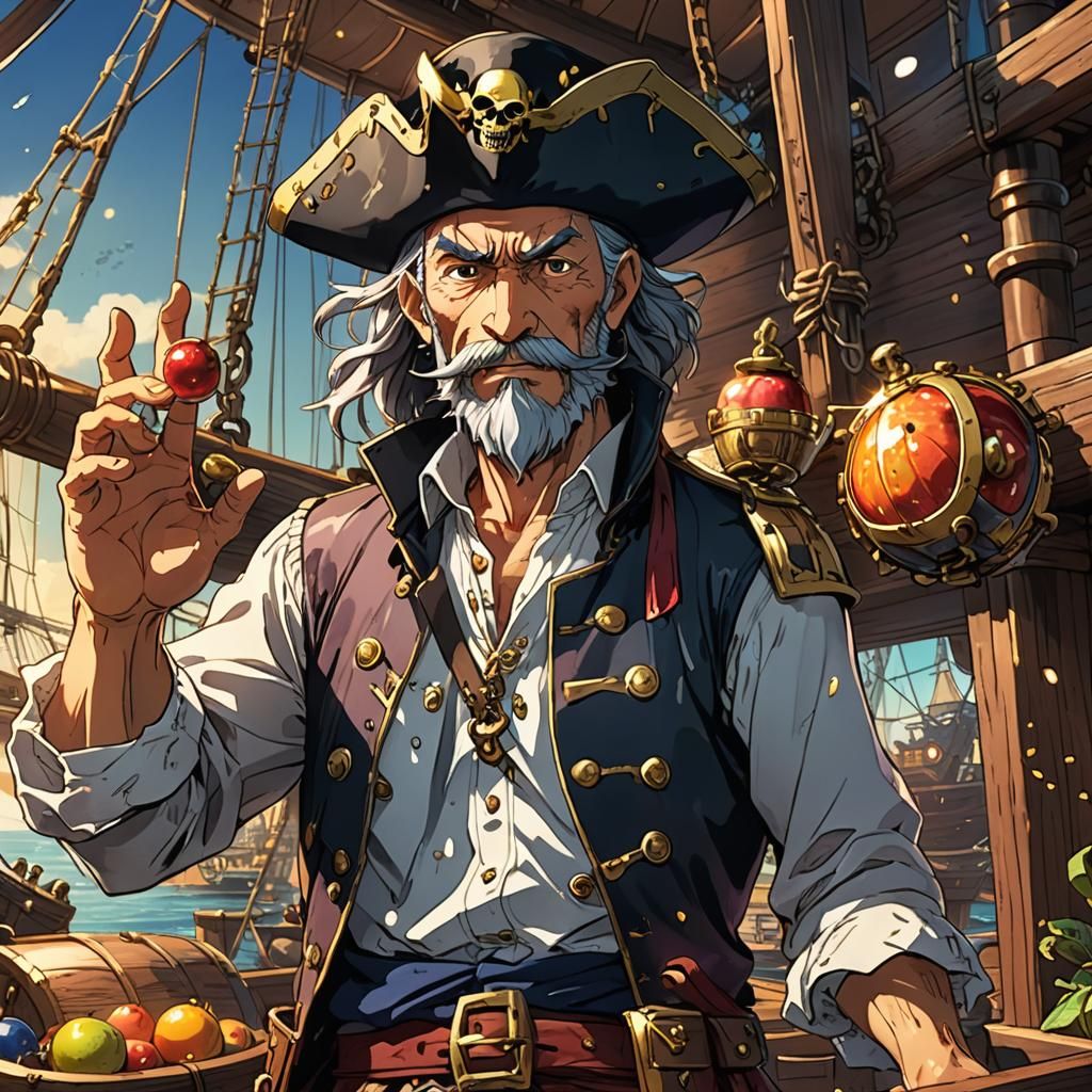 Old Shipwright Holding Sparkle Devil Fruit in Anime Style