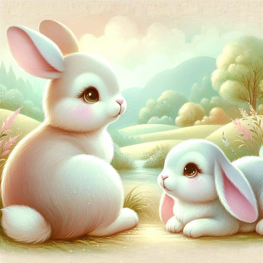 Pastel Rabbits in Storybook Landscape