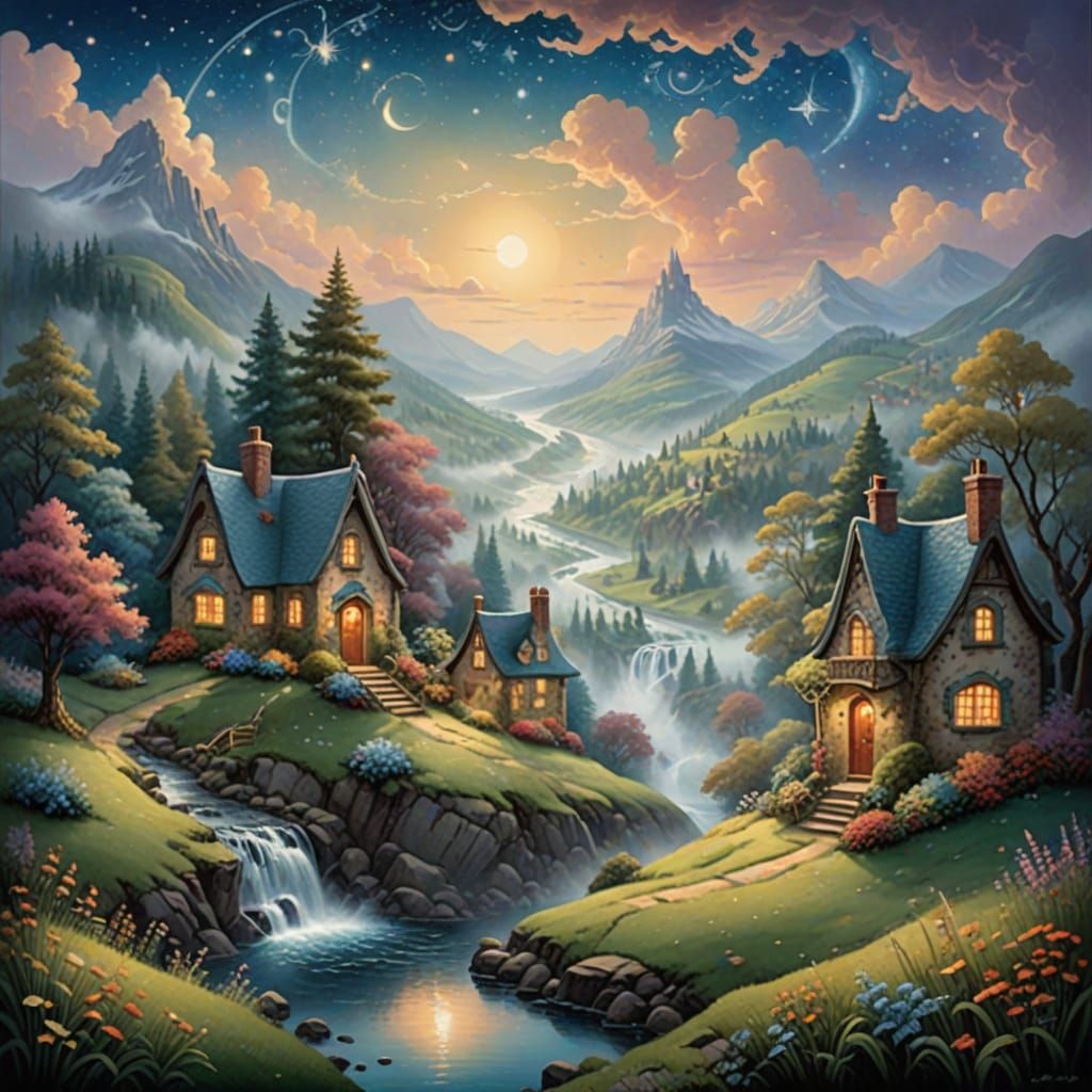 Enchanted Book Landscape in Watercolor Style