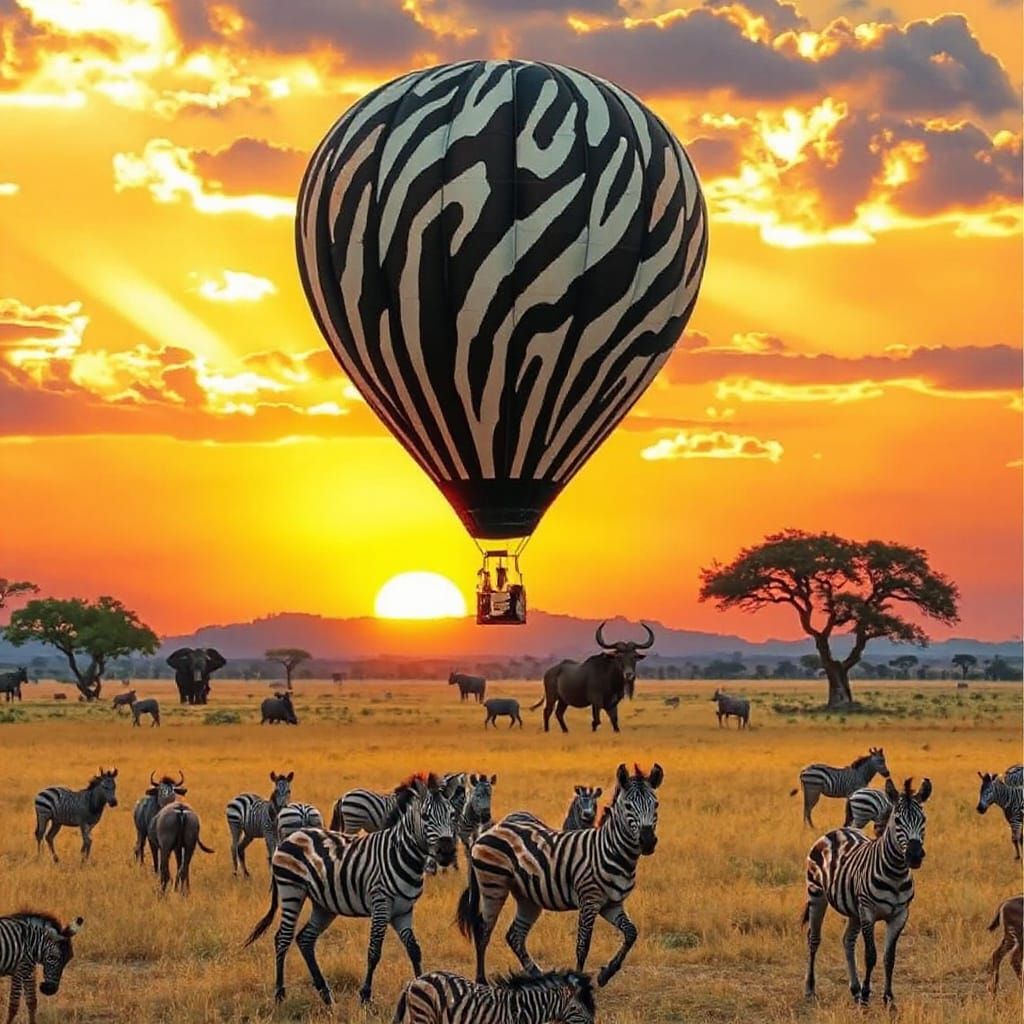 Impressionist Zebra Hot Air Balloon Soars Over African Savan...