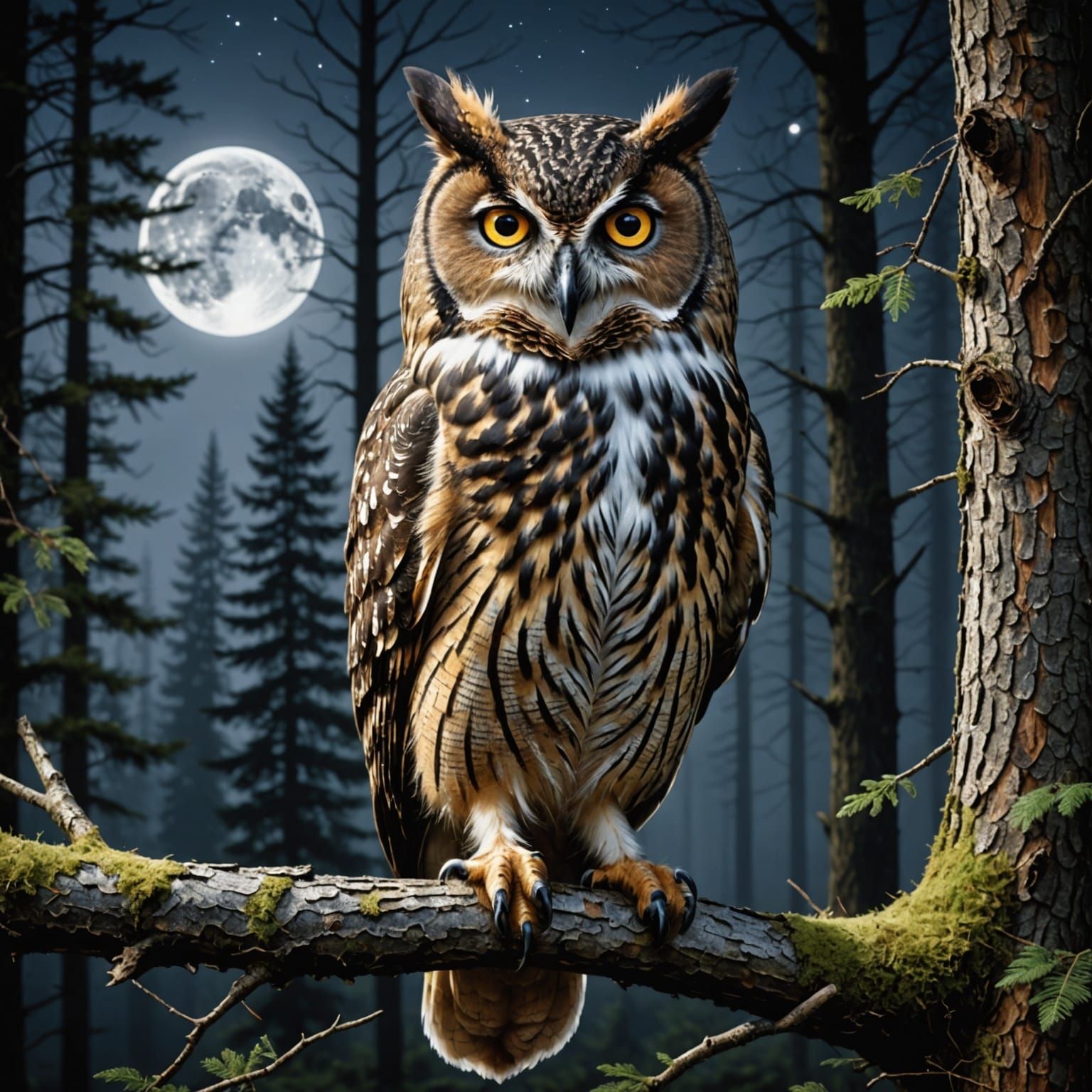 Majestic Owl in Moonlight Forest Scene