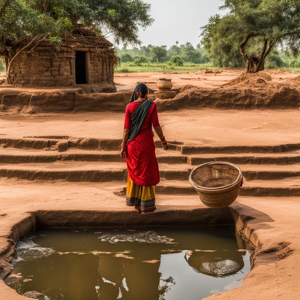 Indian Woman at Village Well with Basket