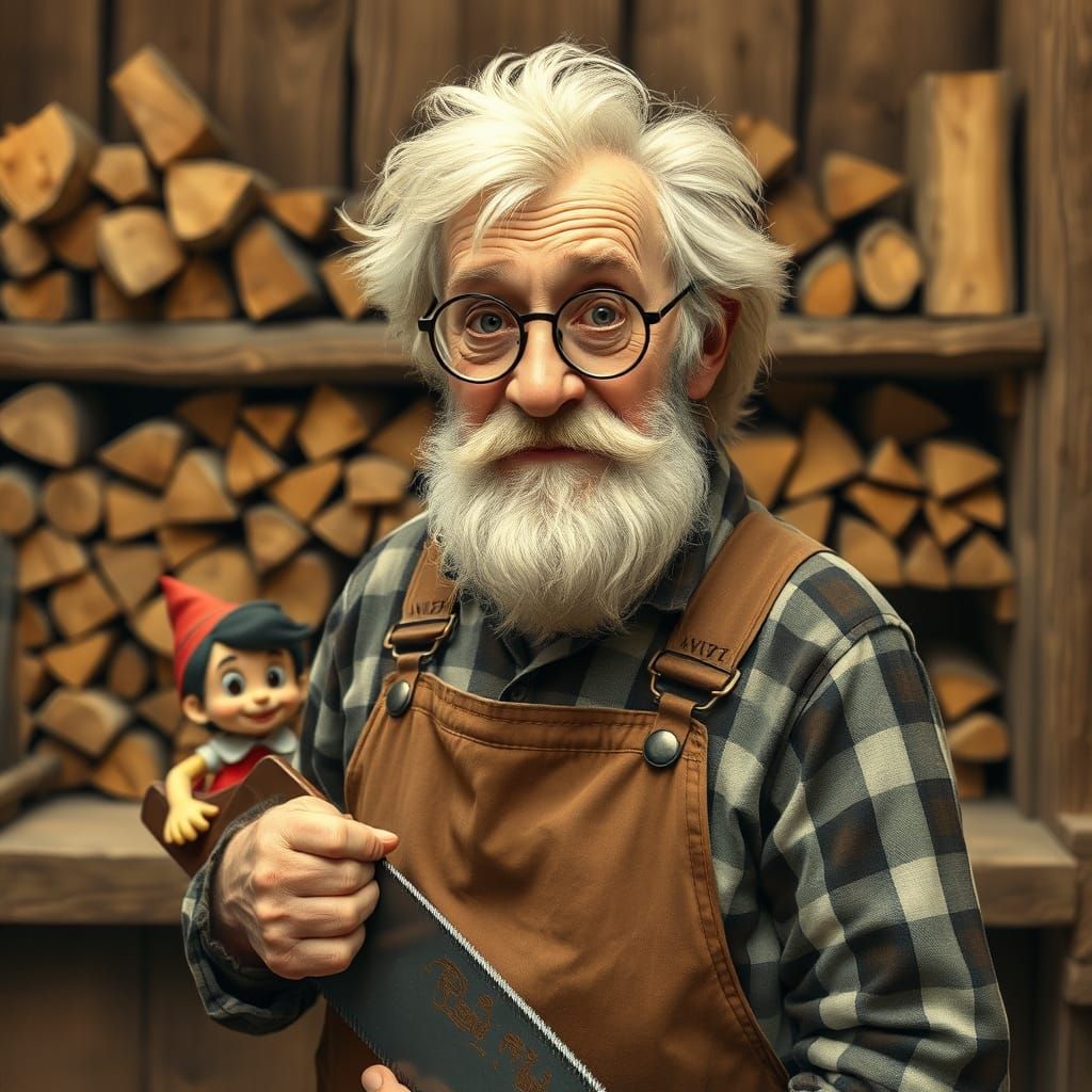 Carpenter with Saw in Rockwell-esque Storybook Scene