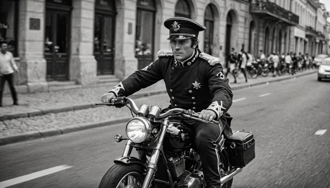 Napoleon Bonaparte riding a motorcycle