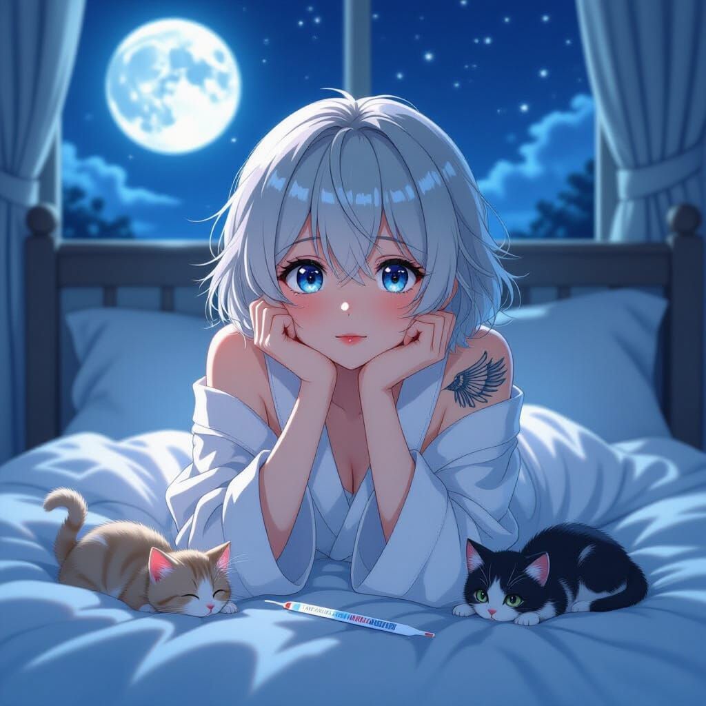 Anime Emo Woman with Wing Tattoo and Kittens in Moonlight