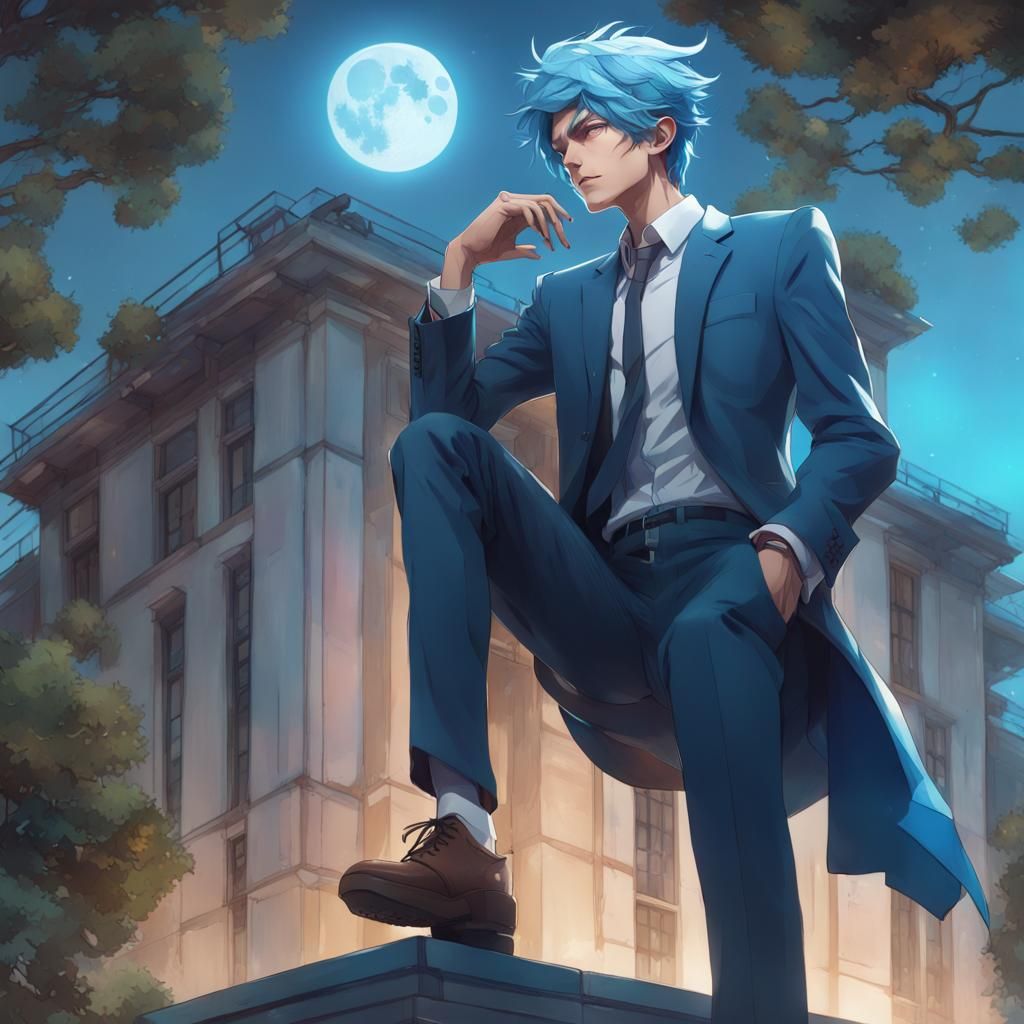 Anime Boy in Suit with Moonlit Trees
