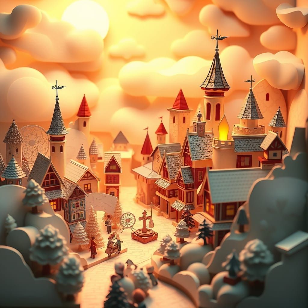 Idyllic Paper World Cityscape with Ethereal Mist