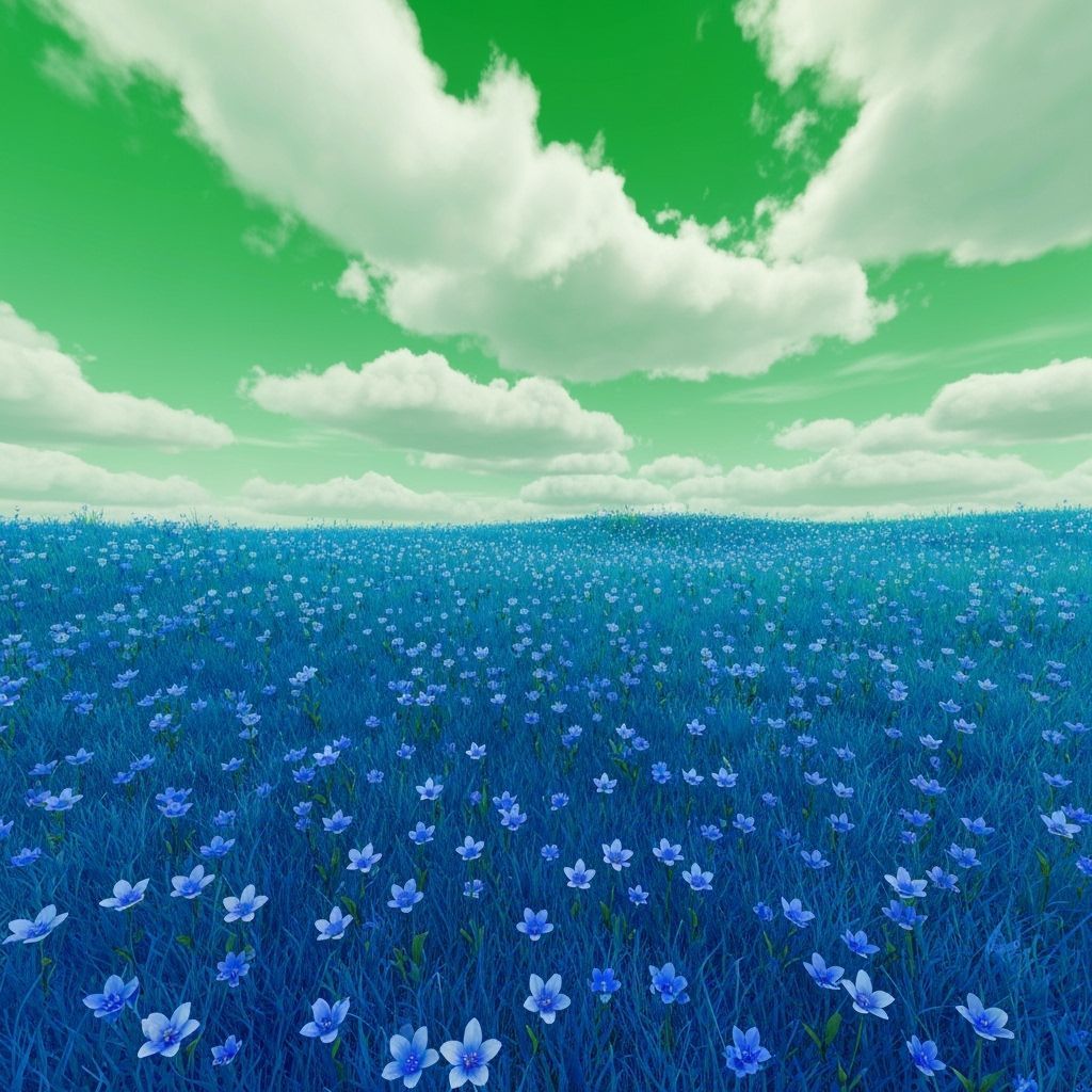 Vast Realistic Landscape With Green Sky And Blue Flowers