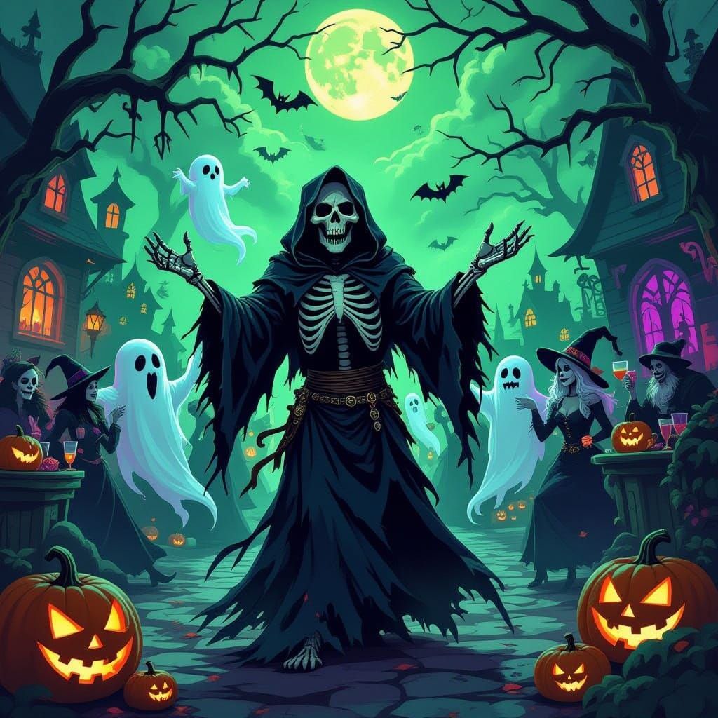 Grim Reaper Hosts Lively Halloween Party with Ghosts and Gob...