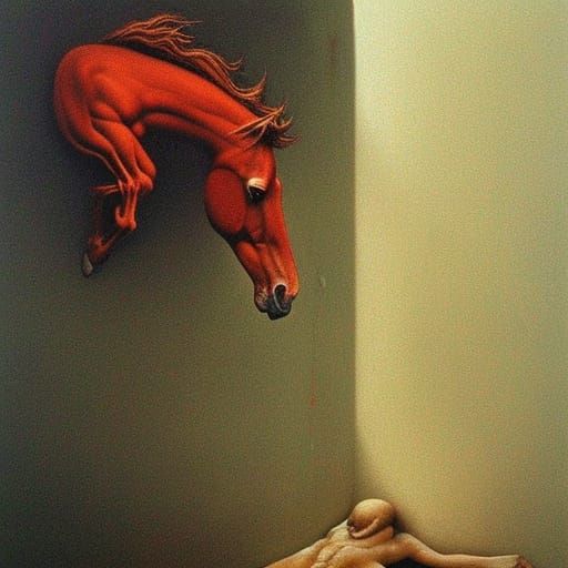 Cute Horse Head in Bed with Beksinski Horror Style