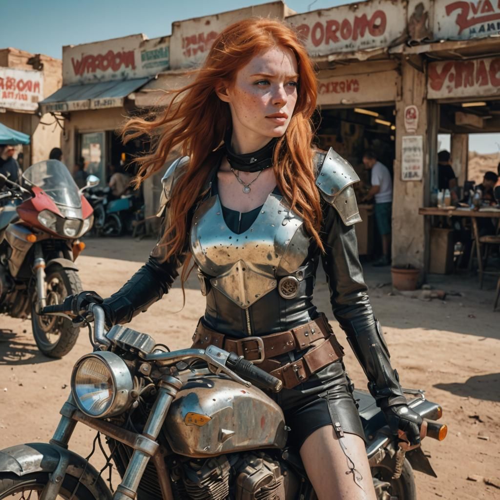 Redhead Biker in Cyberpunk Wasteland Diner