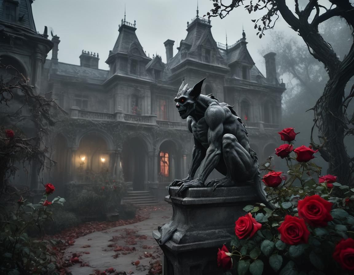 Dark Haunted Mansion with Gargoyles and Red Roses