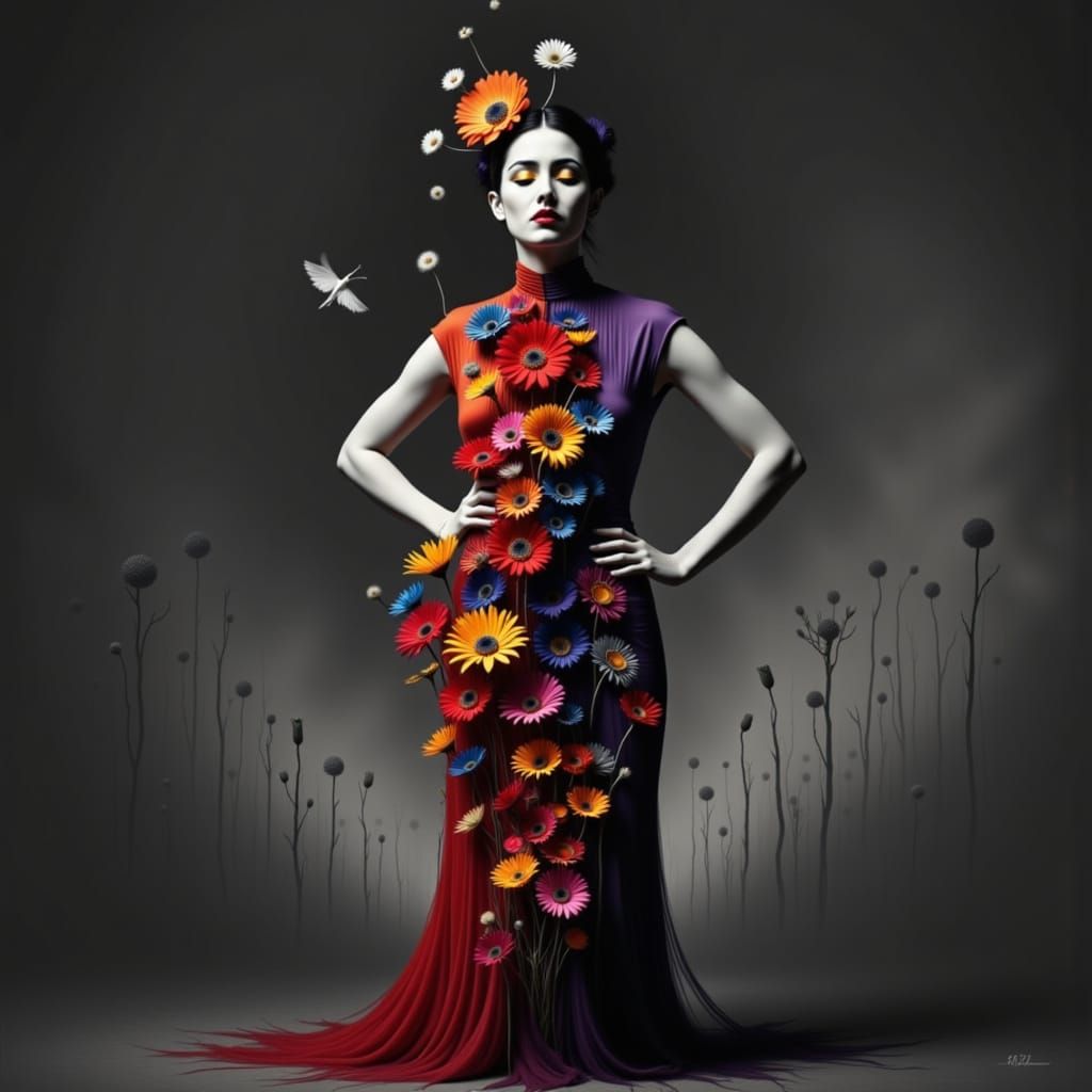 Día de los Muertos Woman with Cempasúchil and Graphite Backg...