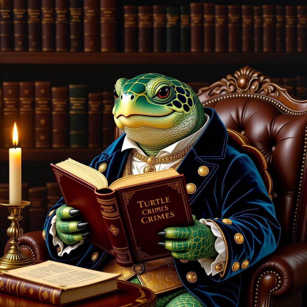 Turtle Reads 'Turtle Crimes' in Cozy Library, Detailed Art