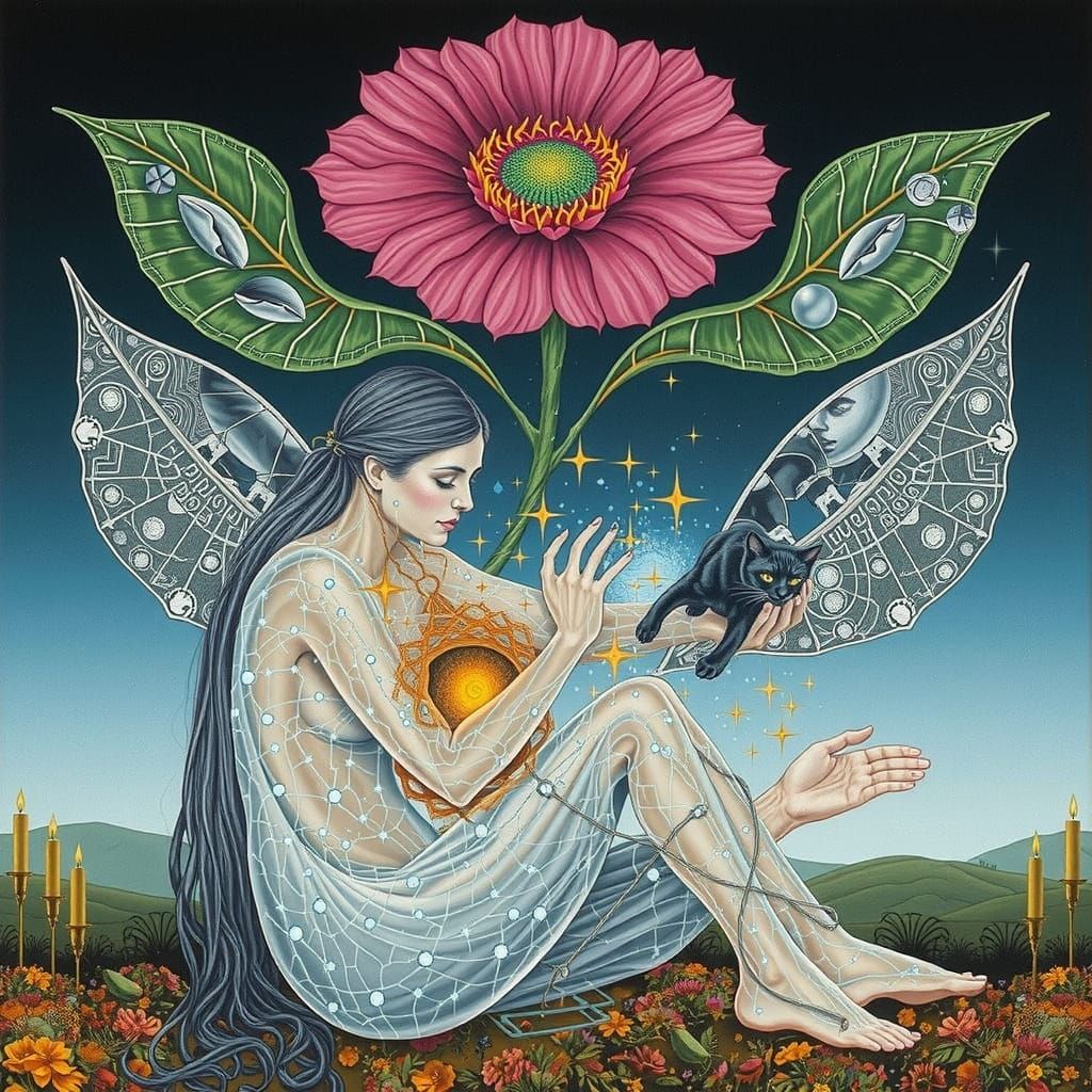 Ethereal Witch Holds Black Cat Amidst Bioluminescent Stars
