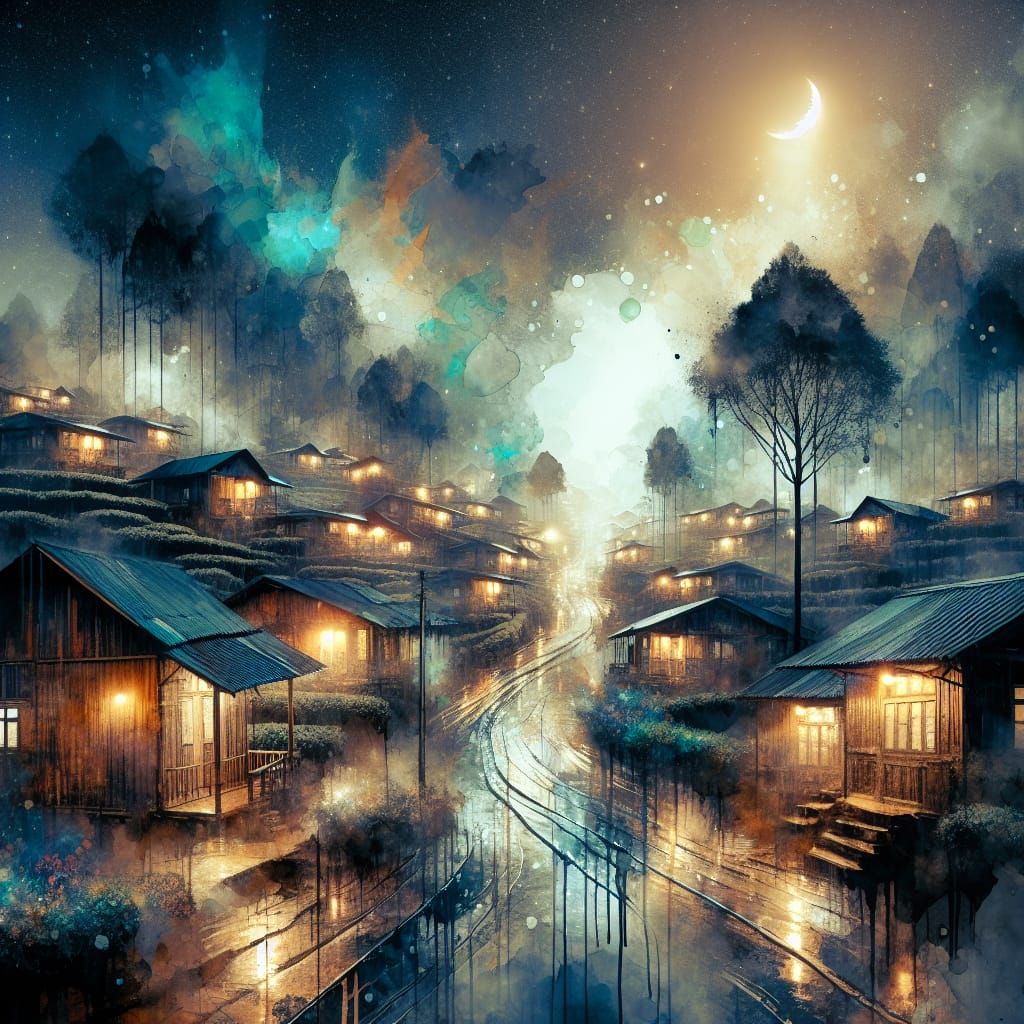 Serene Rainy Night in Java as Watercolor Art