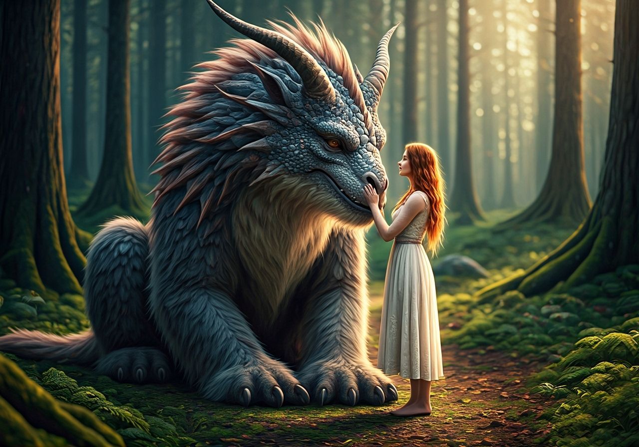 Kind Dragon Creature with Woman in Enchanted Landscape