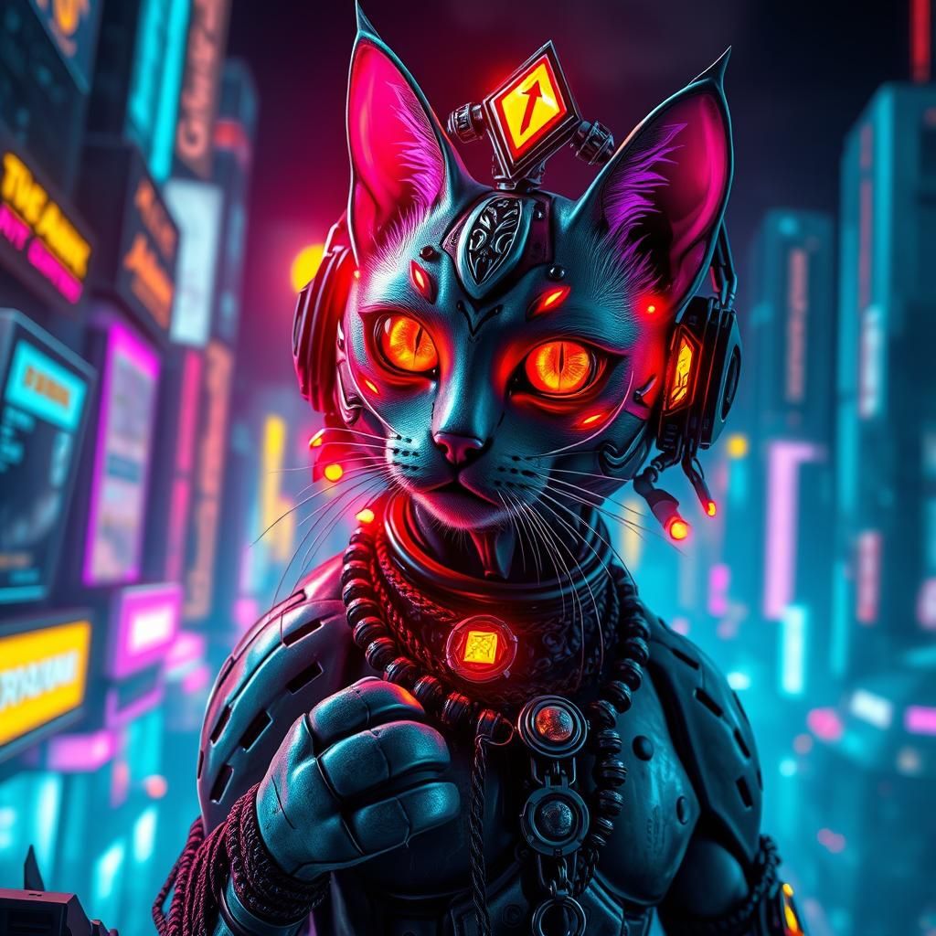 Psychedelic Catbot Shaman in Cyberpunk Cityscape