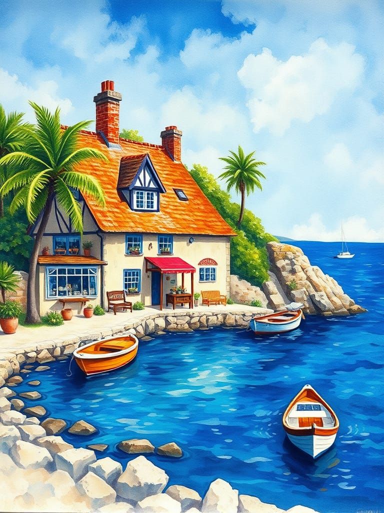 English Cottage by the Sea in Neo-Impressionist Style