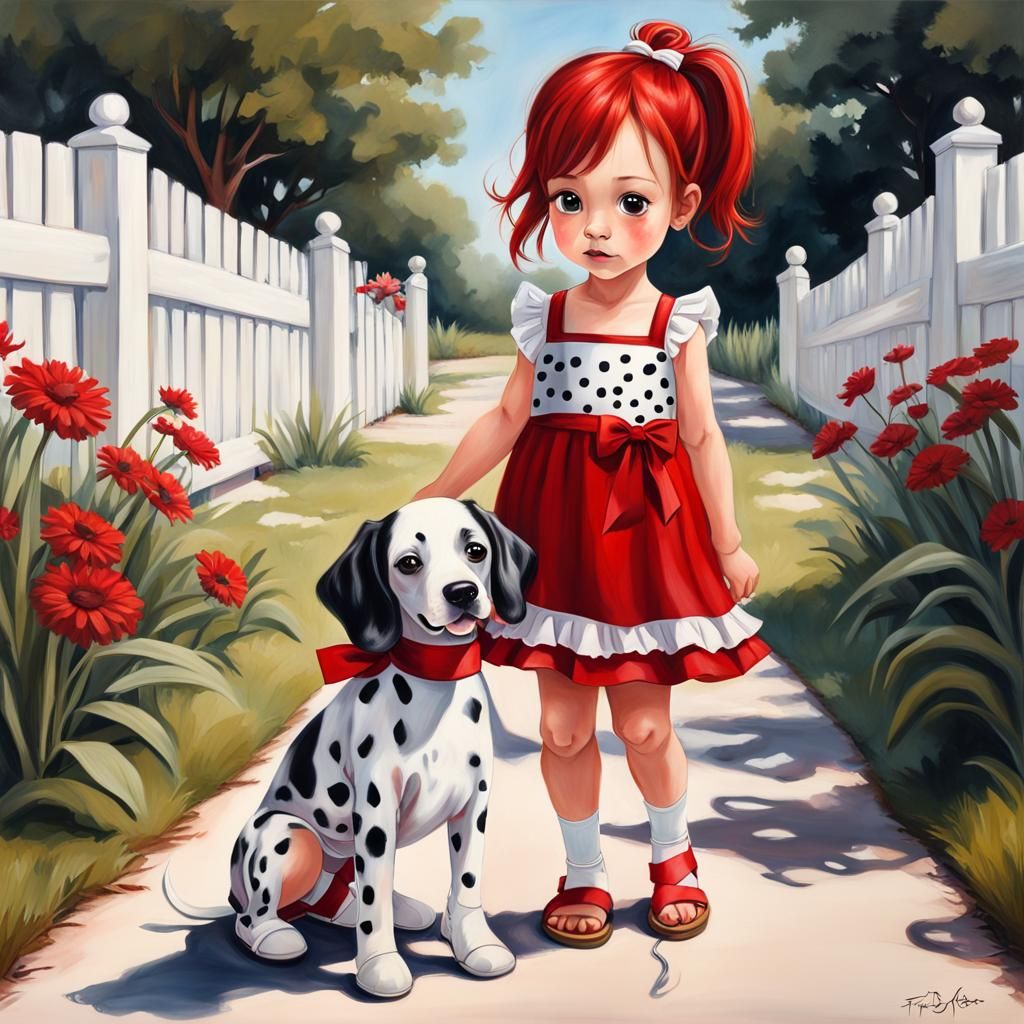 Chibi Girl Hugs Dalmatian in Oil Painting Style