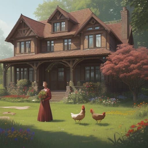 Serene Country Scene with Lady and Floral Details