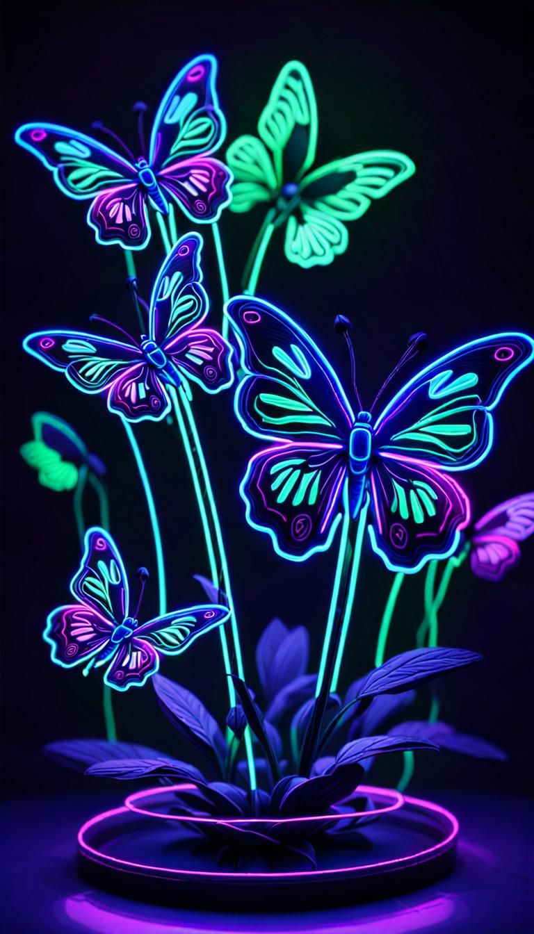 Green Butterflies in Neon Glow: A Digital Masterpiece
