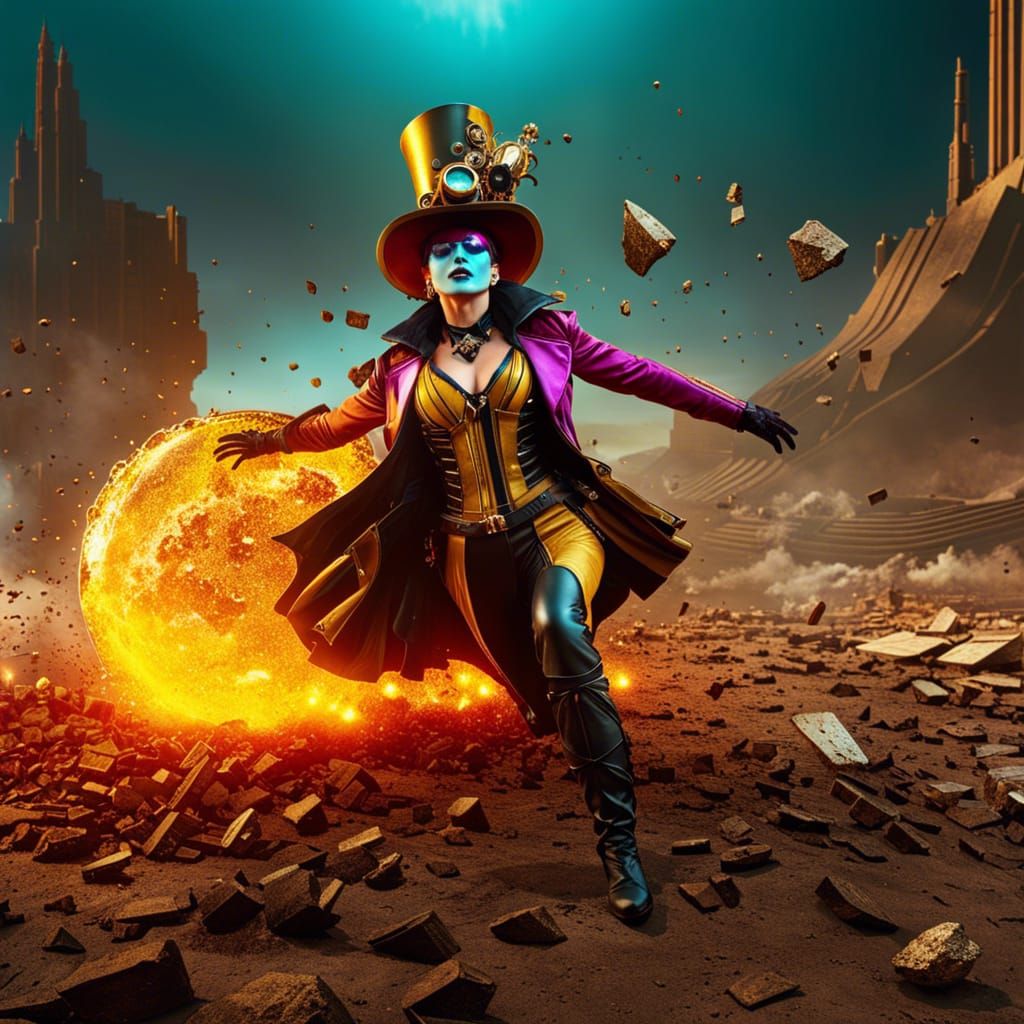 Steampunk Villain Crashes to Earth in Volumetric Light