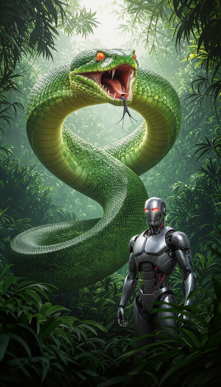 Colossal Green Python and Cute Robot in 3D Jungle