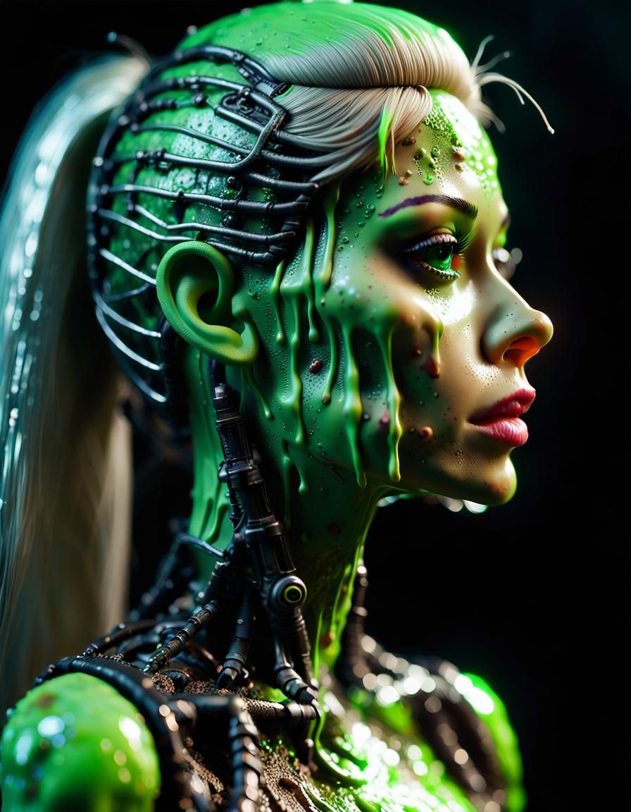 Barbie Doll, mottled wet zombie skin, borg queen, green light biomechanics, profile portrait, 4k, wide angle, overdetali...