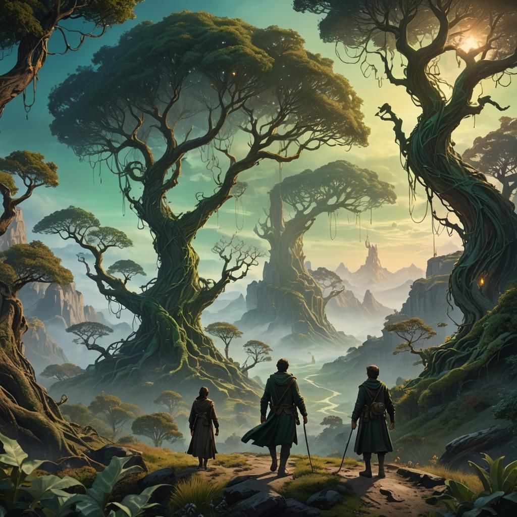 Traveler Crossing Mystical Landscape in Fantasy Art Style
