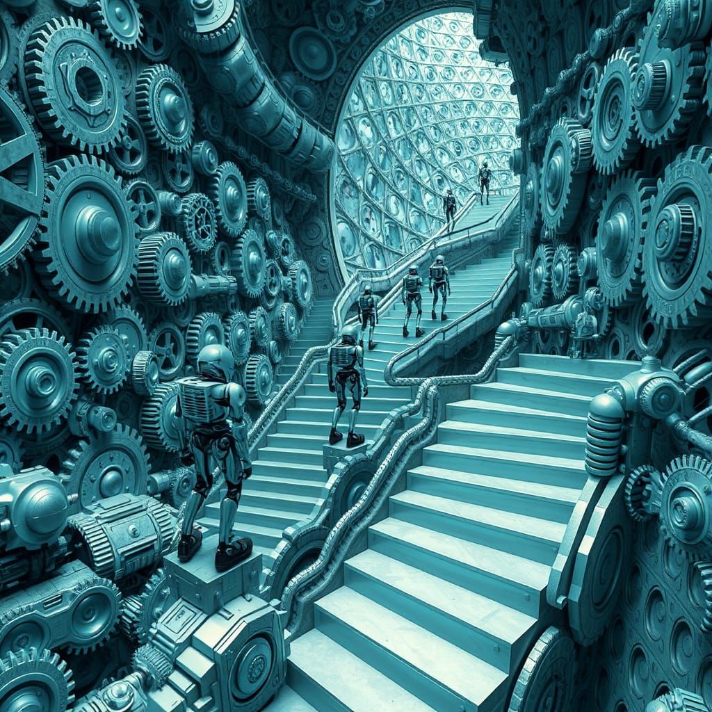 Surreal Robots Navigate Infinite Staircase of Gears