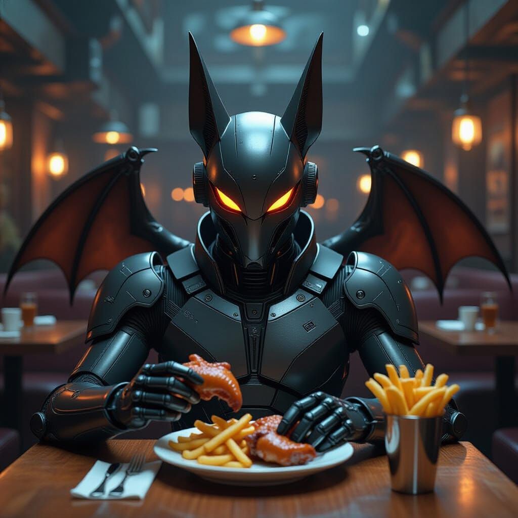 Gothic Robot Dining on Bats in Futuristic Restaurant