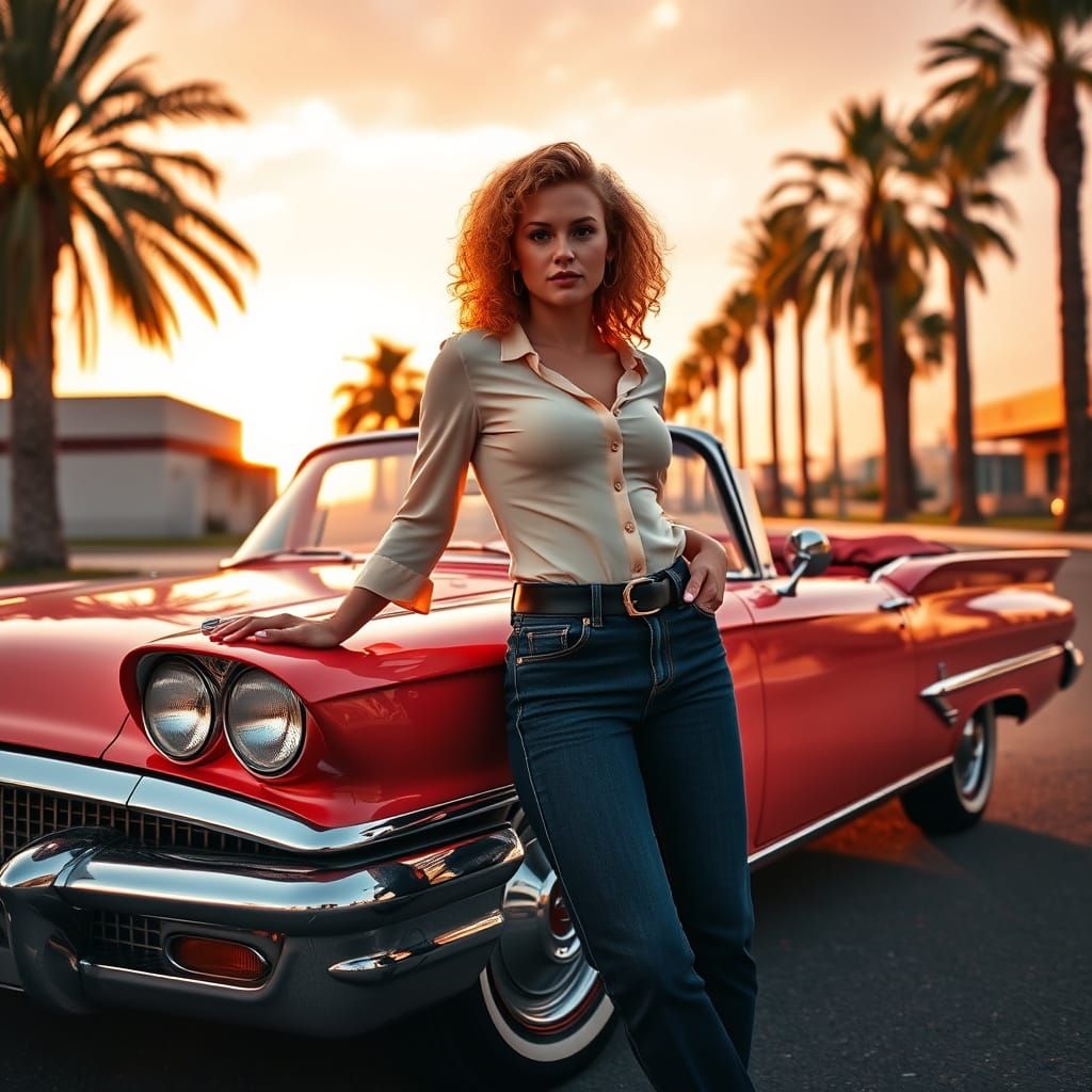 Vintage Glamour Woman Stands Confidently Beside Classic Conv...