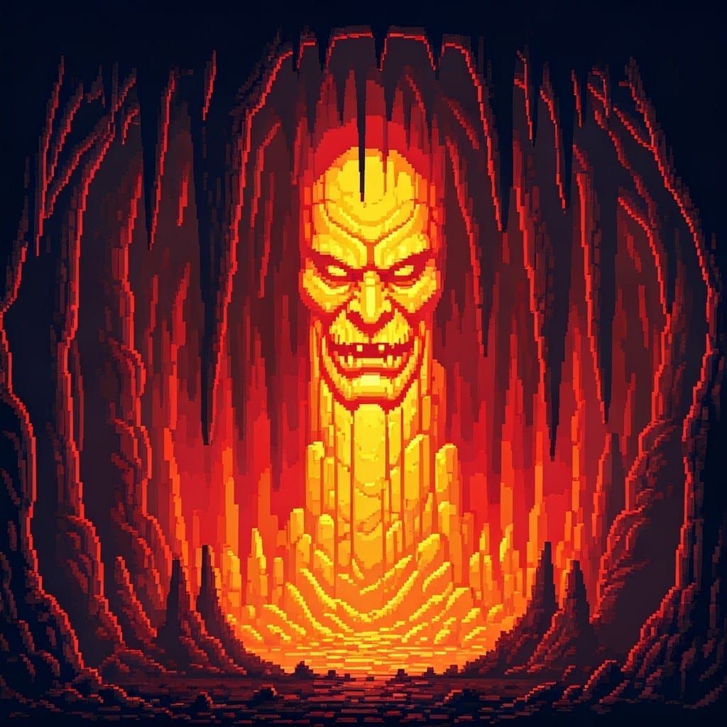 pixel art giant yellow rock pillar with a demonic face carved on it, inside a giant red cavern