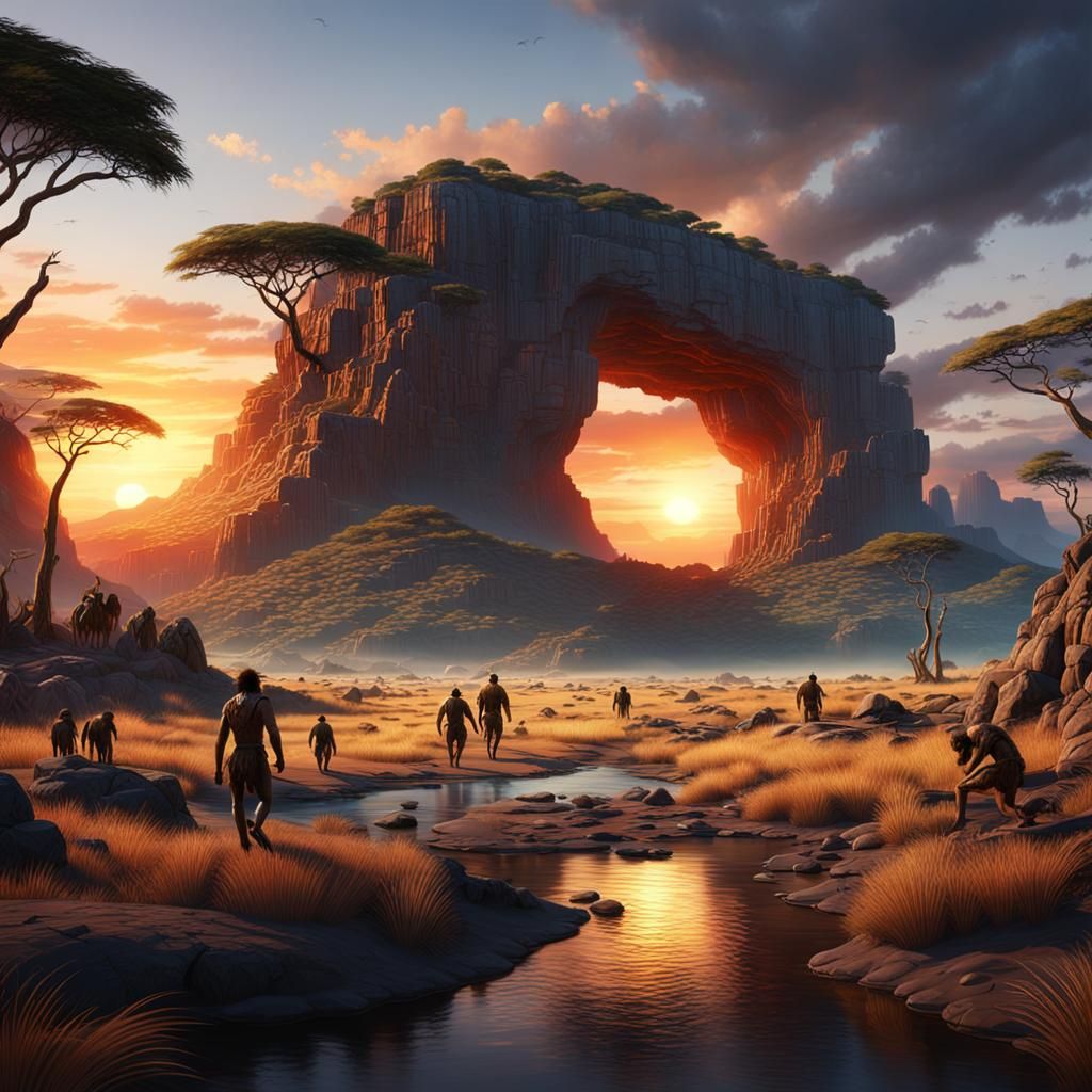 Homo Erectus Sunset: Detailed Matte Painting