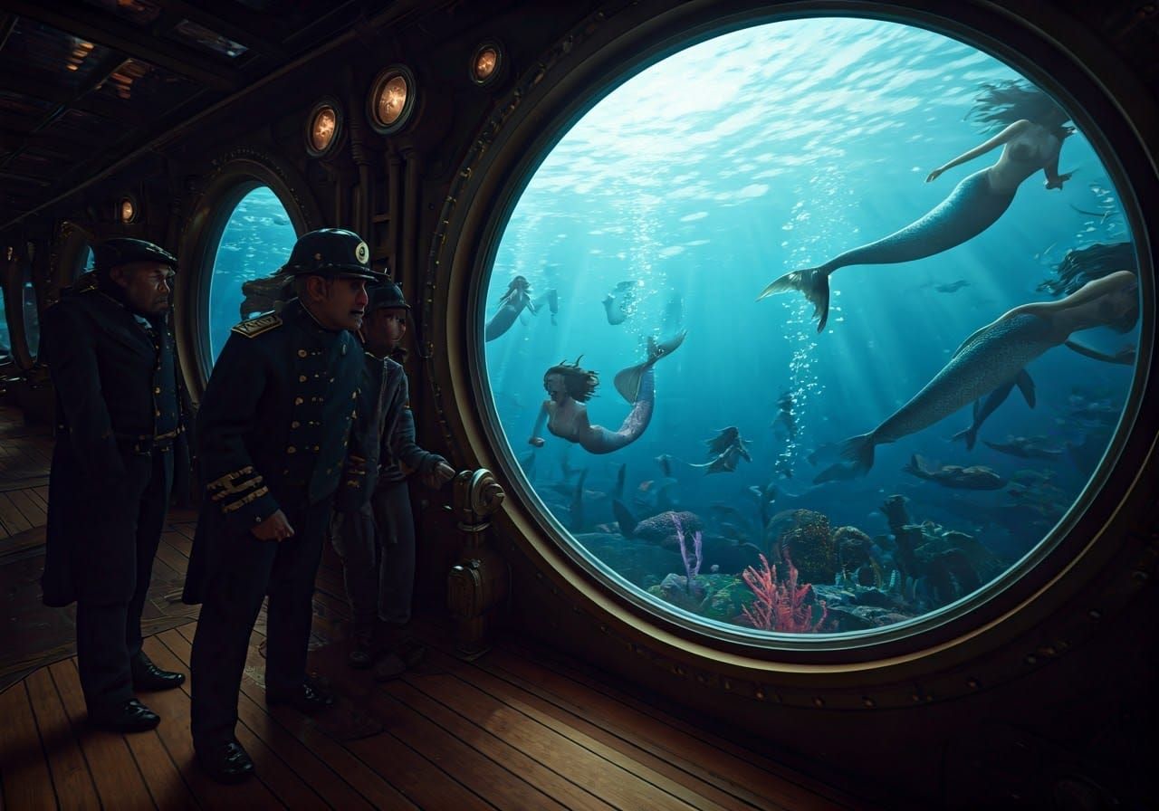 Romantic Nautilus Scene with Mermaids and Brass Accents