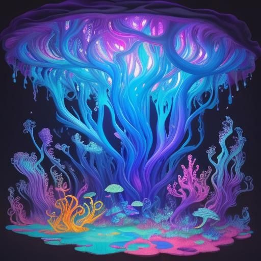 Blue Octopus in Psychedelic Mushroom Forest
