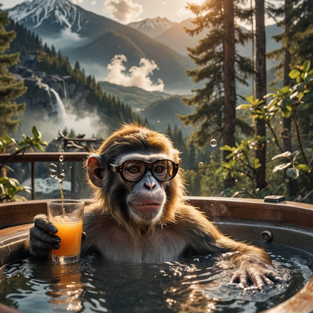 Monkey in Hot Tub: Hyperrealistic Golden Hour Escape