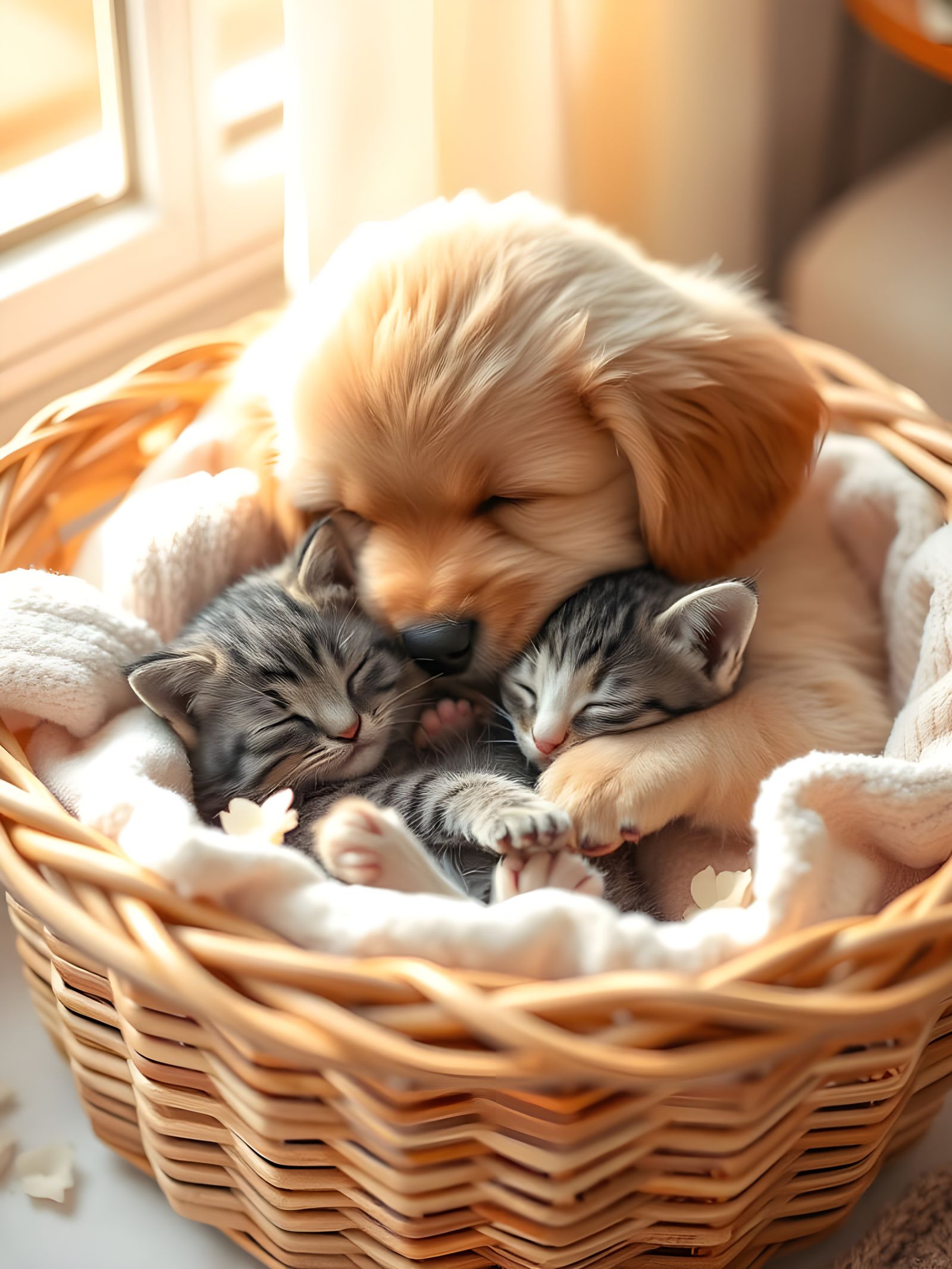 Fluffy Puppy and Kitten Napping in Basket