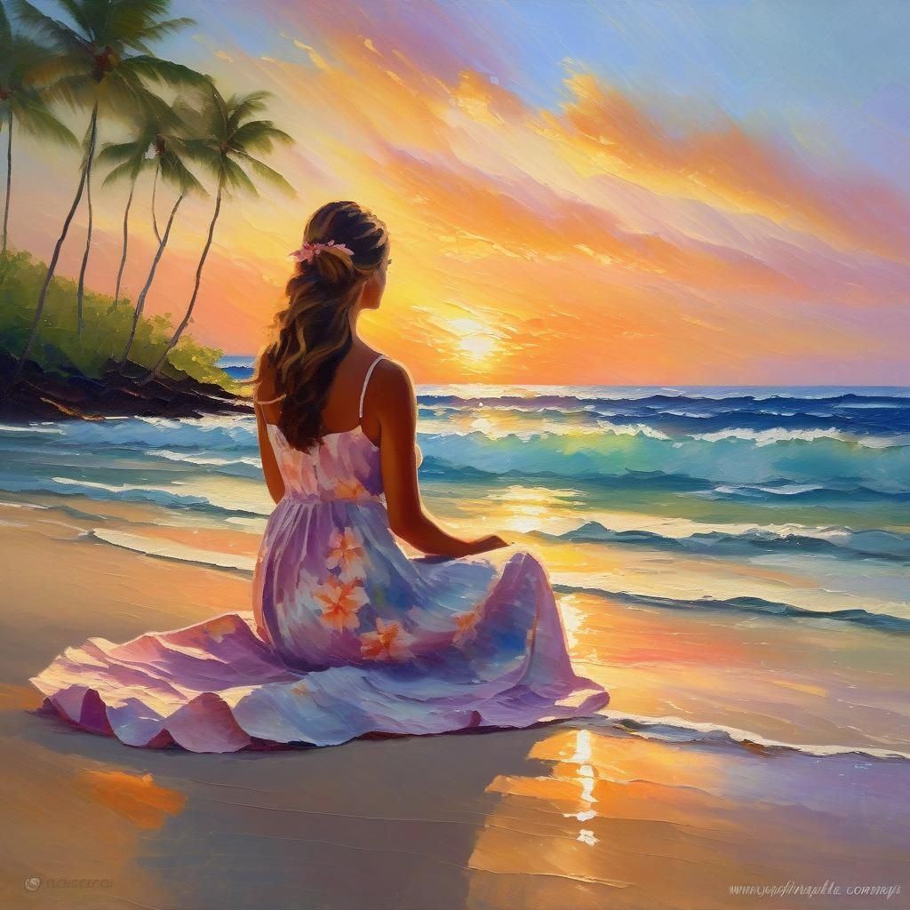 Hawaiian Sunset Impressionist Painting with Serene Woman