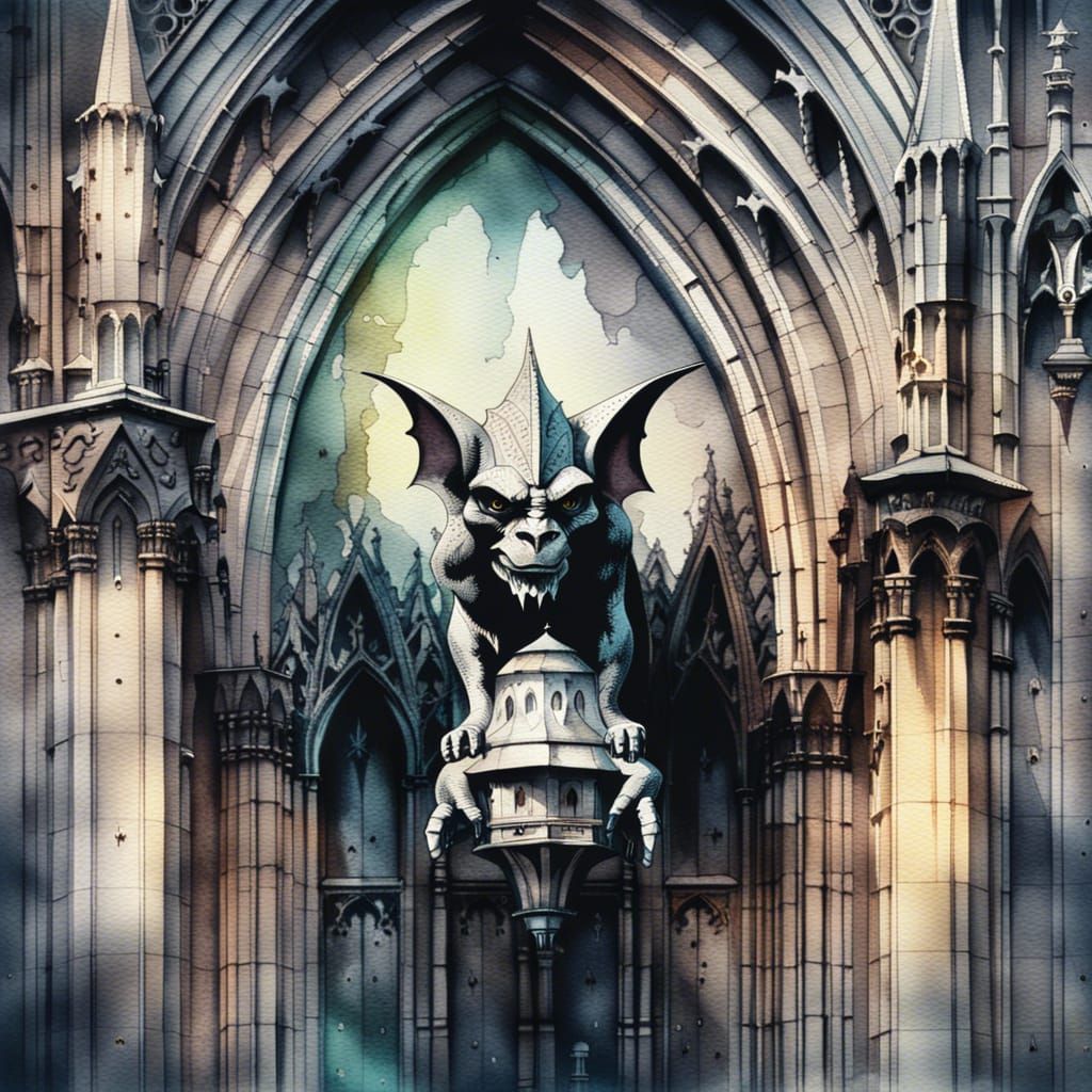 Gothic Gargoyle in Watercolor Style