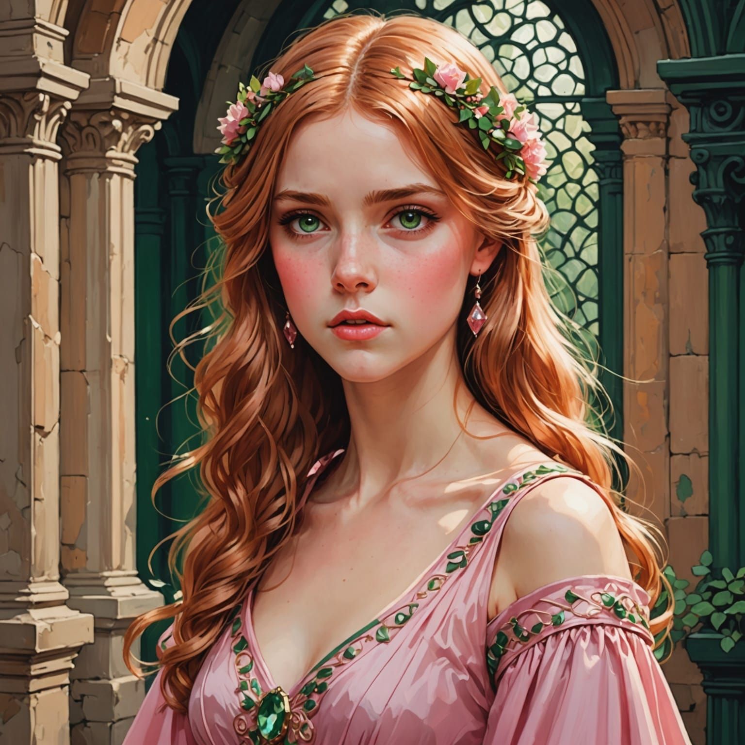 Red Haired Girl in Pink Gown by John William Waterhouse