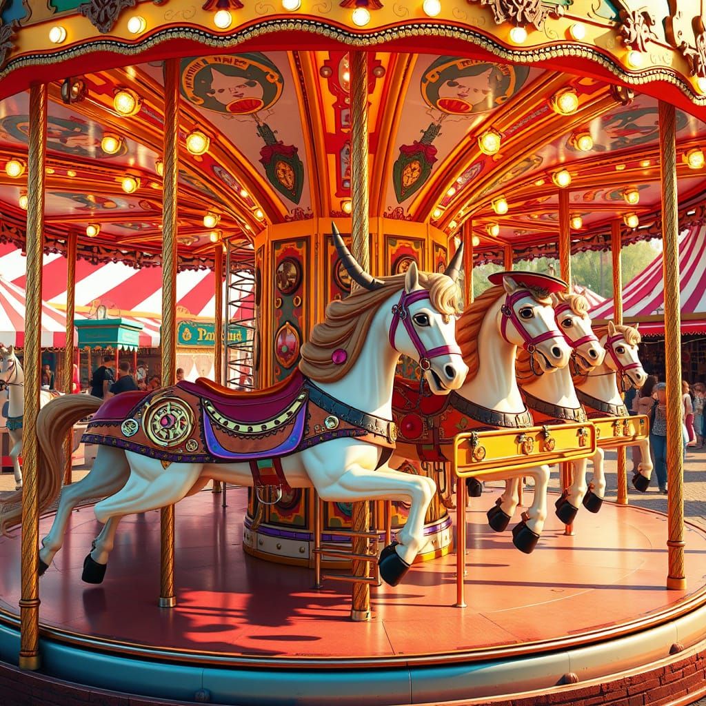 Steampunk Carousel with Mechanical Horses in Candy Art Style